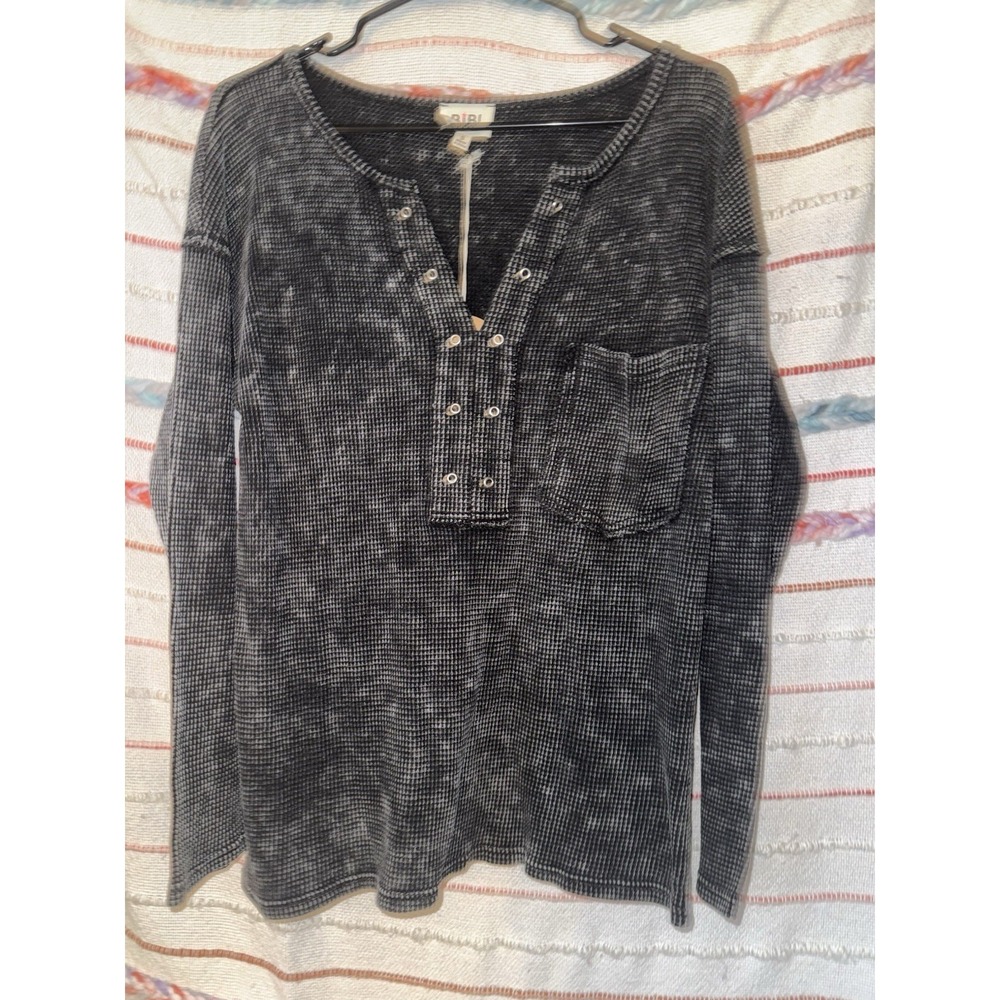 BiBi Women Small Henley Top Charcoal Gray Acid Wash Waffle Knit